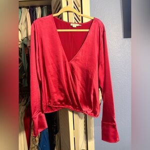Good American pink satin wrap blouse